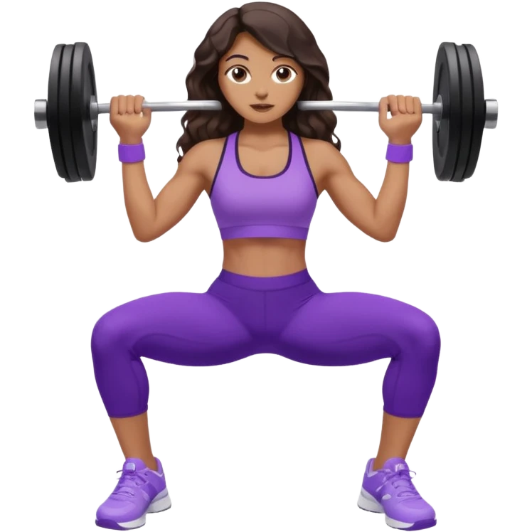 mujer de tez trigueña, con cabello castaño oscuro ondulado con pequeñas ondas, con el cabello super largo hasta las rodillas estilizado, con ropa deportiva morada/lila, tenis blancos deportivos y levantando una pesa emoji