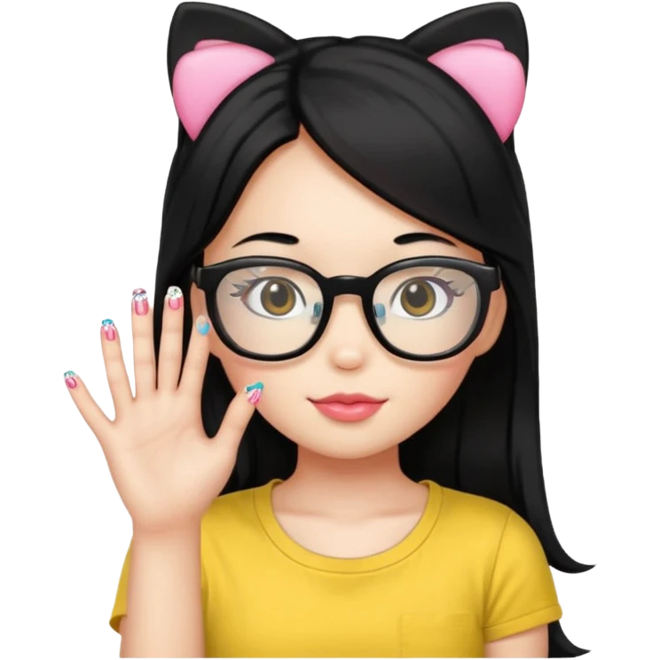 Nails cute with hello kitty wear glasses black long  hair wear, yellow shirt emoji