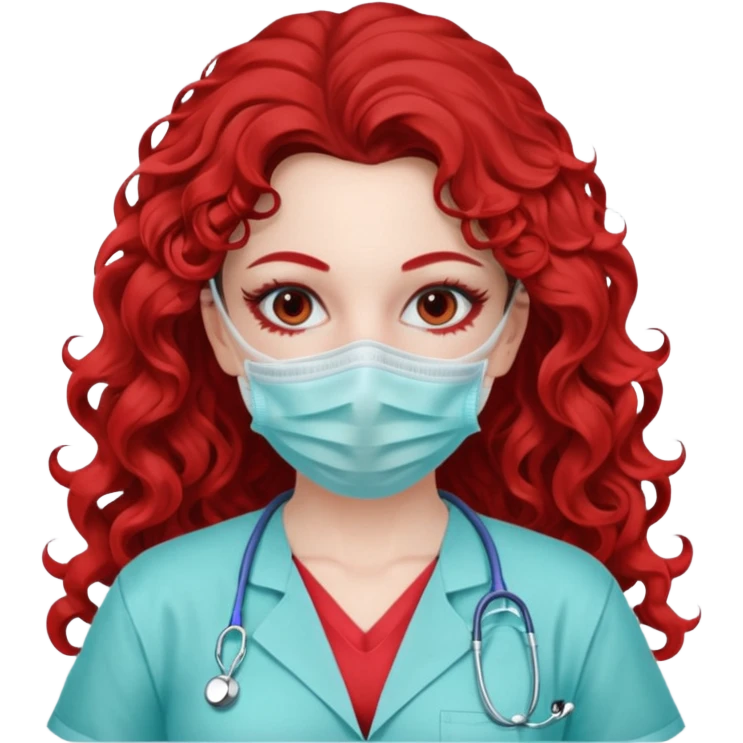 Lilith symbol seductress long curly hair evil surgeon.  brown hair. Red surgical mask.  covering. She works for cartel and kills  with a scalpel. Sexy surgeon outfit emoji