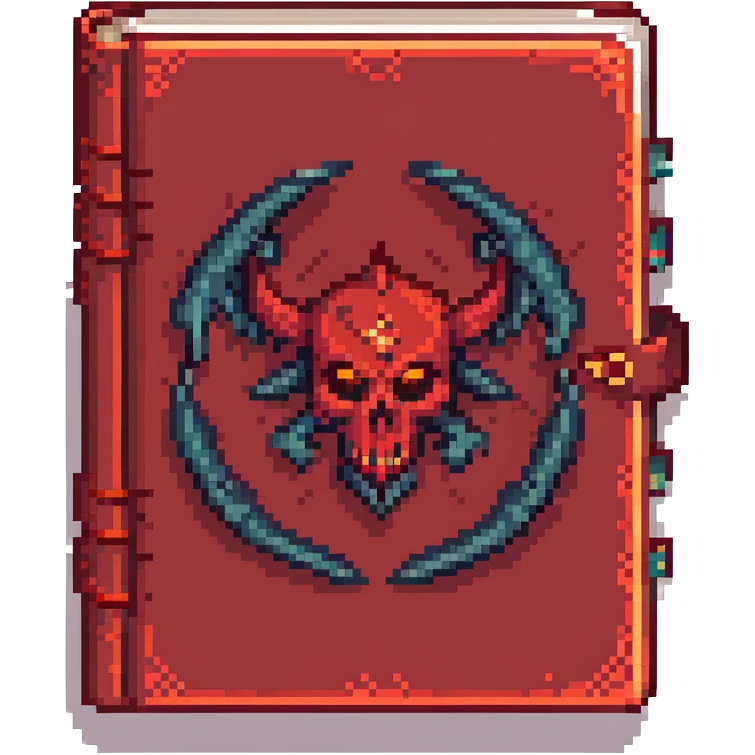 Make the red cursed book with dark aura look even more evil by adding demonic symbols, jagged edges, and a swirling shadow. Pixel art style with no background. emoji