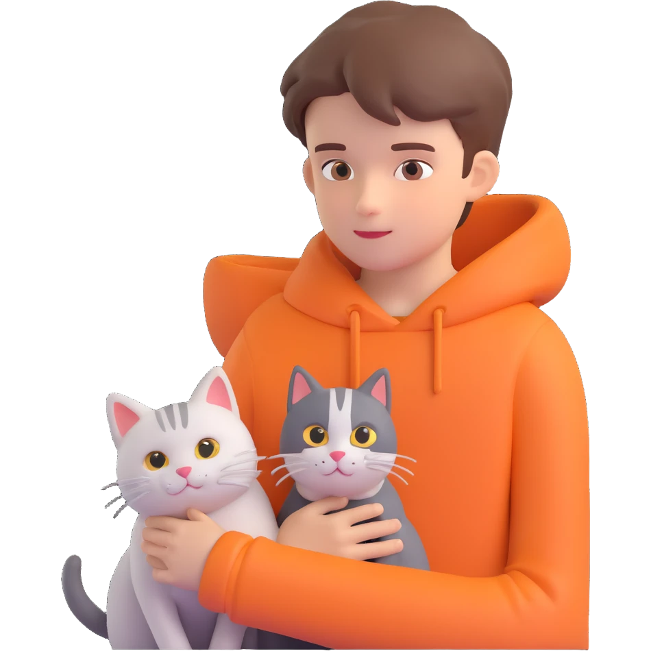 boy and cat pet in forrest background, close up pose emoji