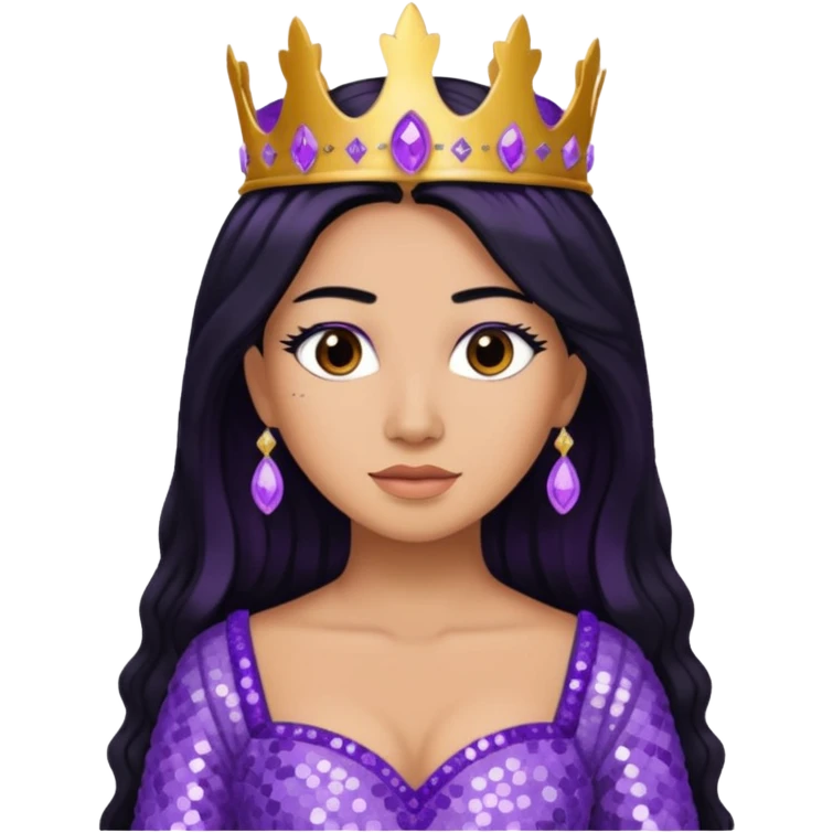 Queen Esther from The Bible with long black hair, lavender sequin outfit emoji