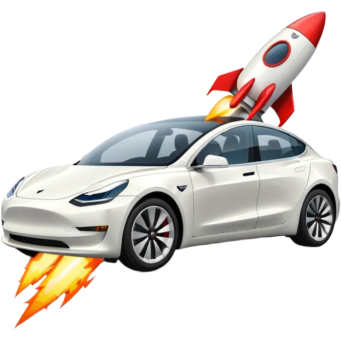 Tesla model 3 white.  Rocket boost on roof  emoji