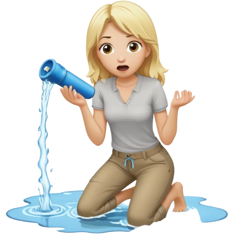 blond woman kneeling, surprised, a wide skin-colored stick with a D-shaped knob with skin texture coming out of a pair of pants hanging in front of her face, water stream squirting from the flat side of the knob into her open mouth emoji