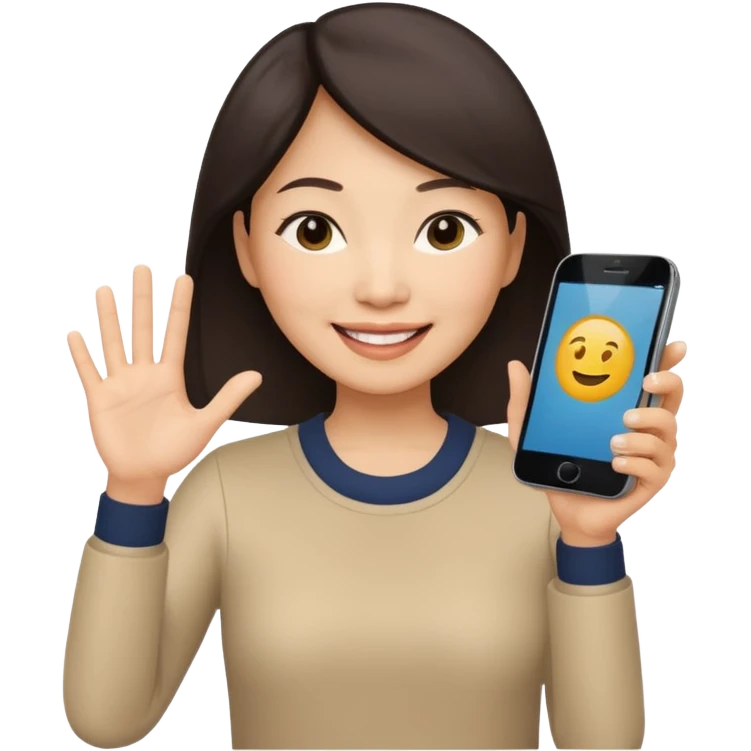 페르소나 요약 : 휴대폰을 보고 즐거워하는 여자, 40대의 아시아 여성이 한손으로 휴대폰을 쥐고, 화면을 보면서 미소를 짓고 있어요. 나머지 한손은 아래에 내리고 있어요 emoji