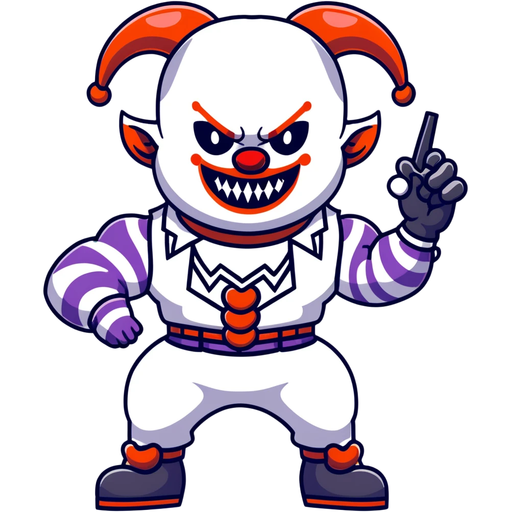 full-body muscular demonic clown, battle-ready, black and white leisure suit with bellbottom pants, bald, black ram horns, flashy black and white belt, ruffled white shirt, no neck tie, large fangs, holding very large futuristic rifle emoji