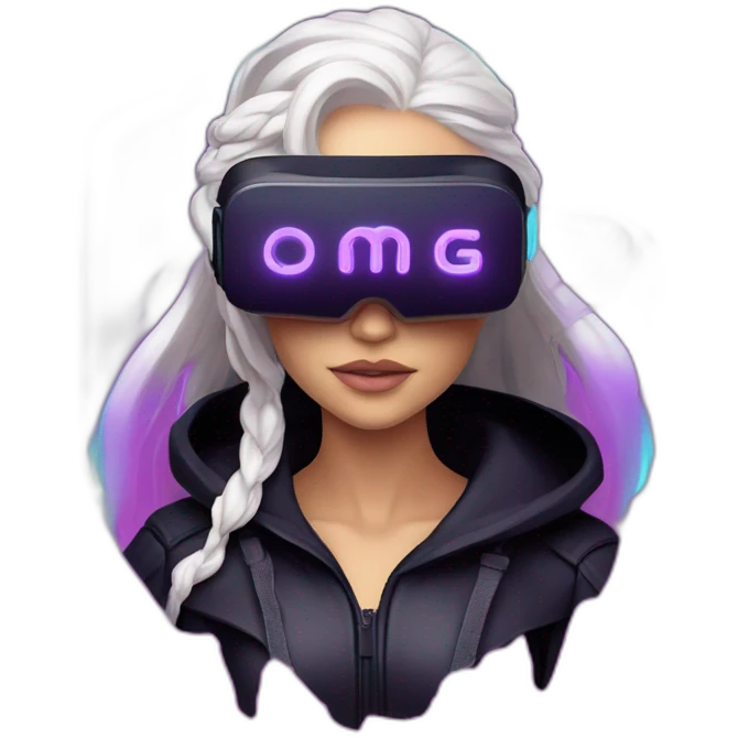 Daenerys Targaryen wearing a black hoodie with "OMG" letters on it and VR headset in a cyberpunk VR environment with violet neon lighting. emoji