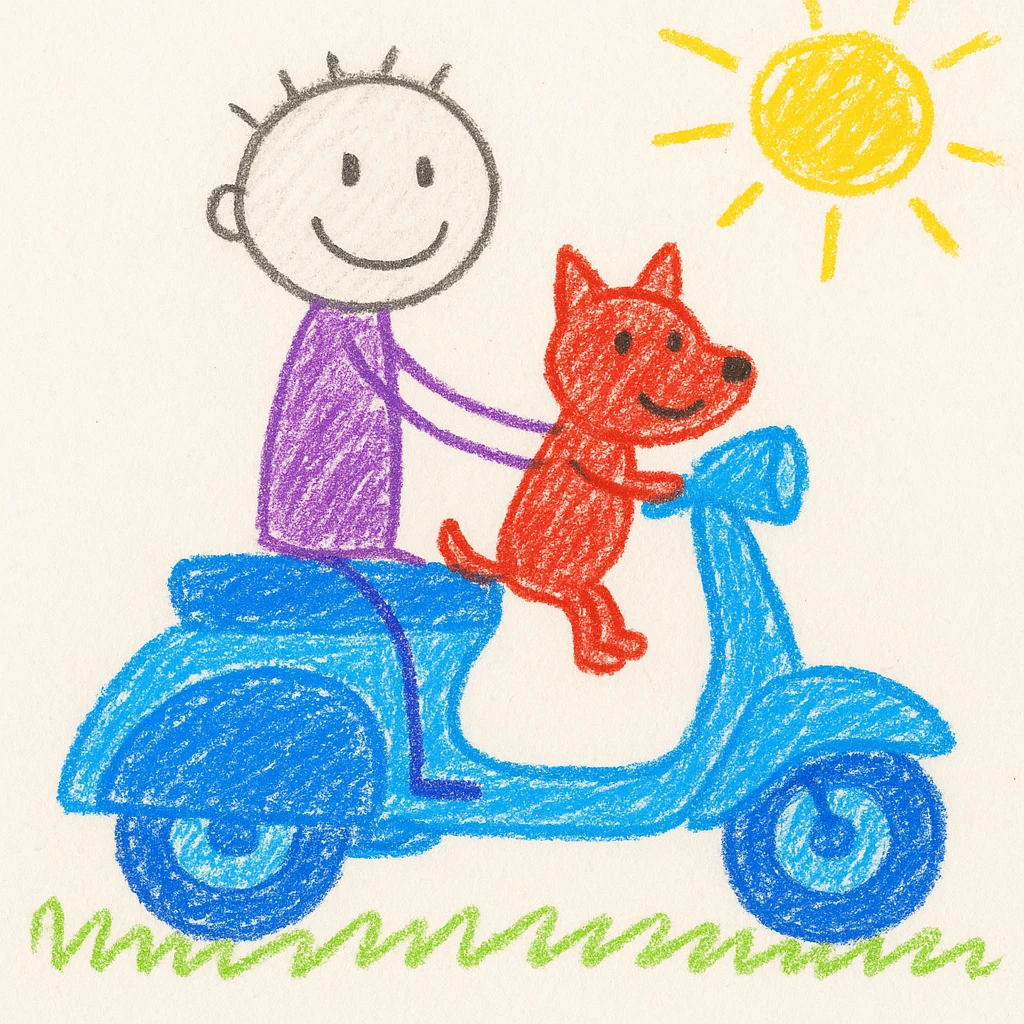 man and his pet dog riding a vespa emoji