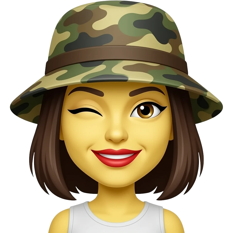 Biting lip yellow round emoji Woman emoji camo hat red lip smirk wink emoji