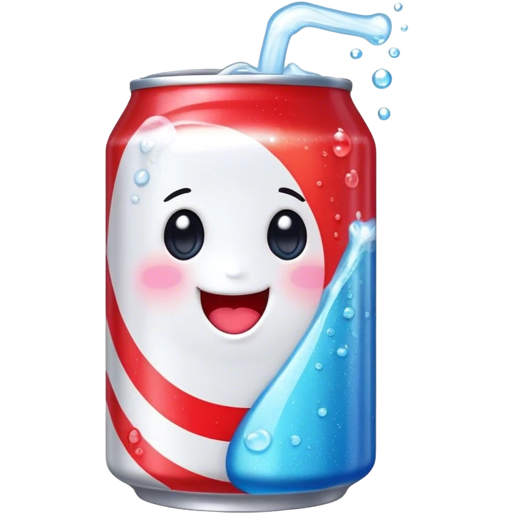 Cute Kawaii Soda Can, bubbly and vibrant, bright red and blue stripes, playful fizz popping around, a chubby happy face with wide sparkling eyes, energetic and refreshing! emoji