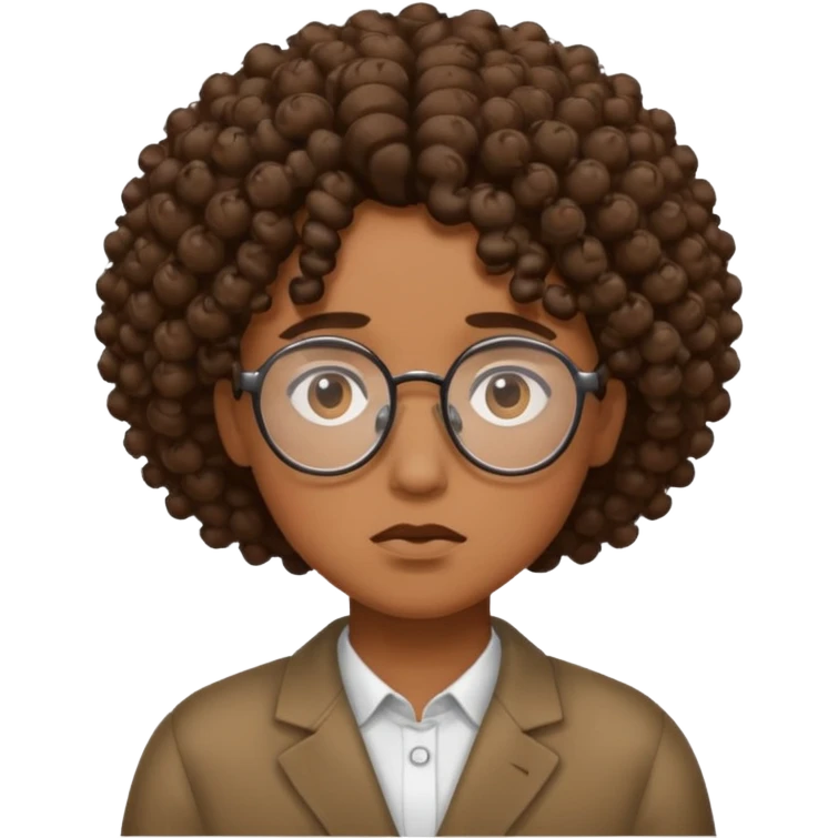 Sad, curly hair, brown skin, big frame glasses  emoji