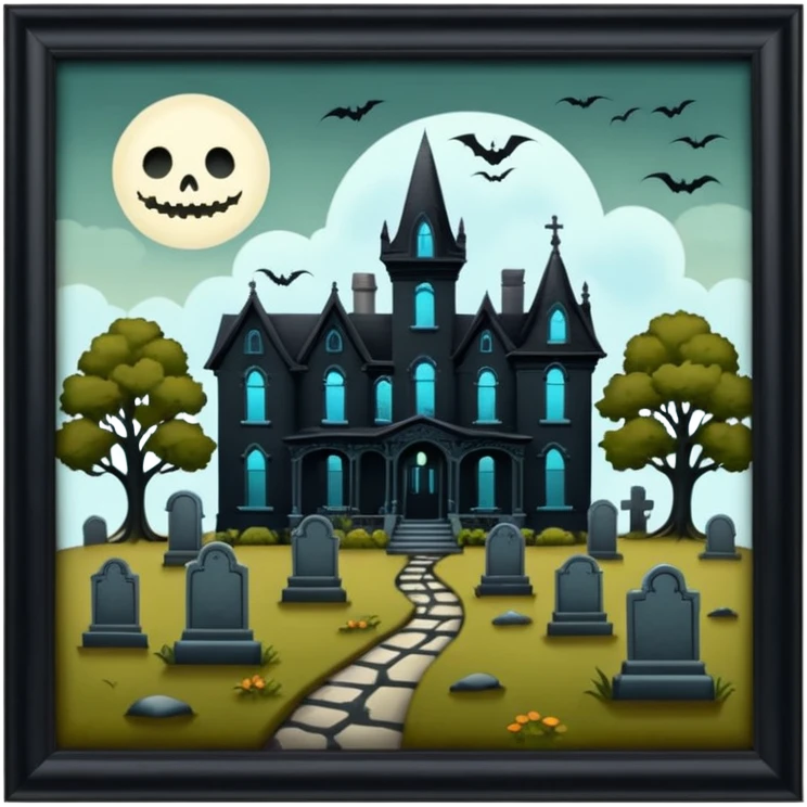 Adams Family style Romantically overgrown Haunting graveyard field Victorian mansion  emoji