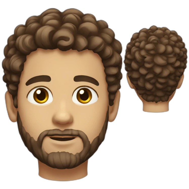 White boy, brown eyes, curly and brown hair on the top and short on the sides, and beard emoji
