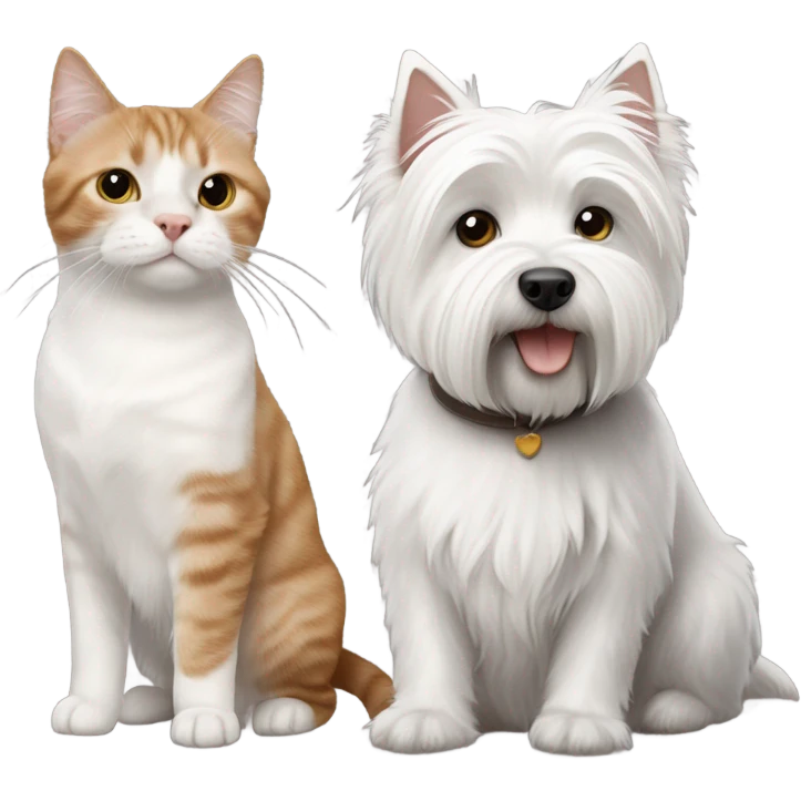 West Highland white terrier with brown cat and grey cat emoji