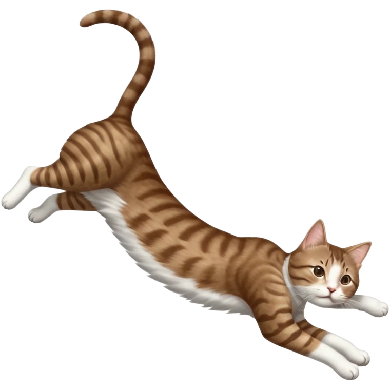 brown tabby and white cat with doing a big extremely long stretch reaching up into the air with arms and legs side by side together straight and overextended whilst lying on its side emoji