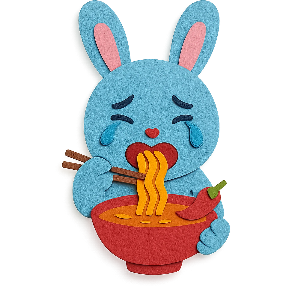 blue bunny crying while eating spicy ramen, paper-craft style emoji