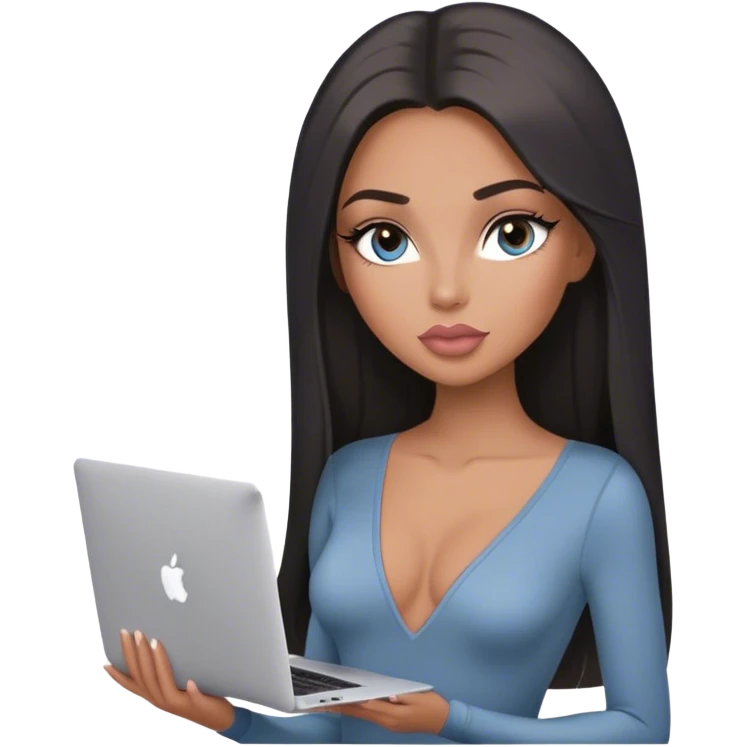Glamours, tanned, very beautiful girl, with big pump peach-beige-rose lips, long lashes, black straight smooth silky long hair, straight parting hair, blue-grey eyes, in light-grey v-neck bodysuit holding MacBook emoji