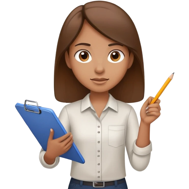 Intern or volunteer with brown hair holding a clipboard and pencil, ready to take notes or assist. The character wears a simple shirt and has an eager posture emoji
