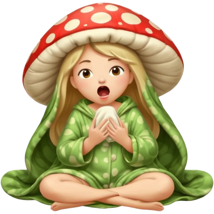 woodland spirit girl in mushroom pajama and oversized blanket yawning emoji