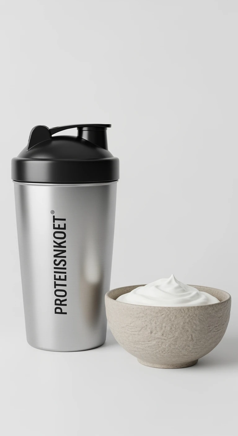 SHAKER PROTEICO E BOWL DI YOGURT GRECO, iperrealistico 4k, ISOLATA SU SFONDO BIANCO emoji