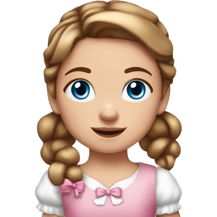 Little white girl with blue eyes and bronze hair in two ponytails with two bows. A pink pacificer in her mouth. She is wearing a pink and White dress and holding a teddybear. emoji