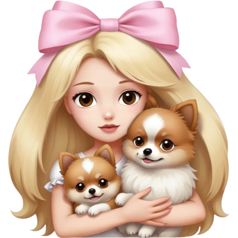 Blond girl white skin brown eyes hugging white and brown Pomeranian with light pink bow emoji