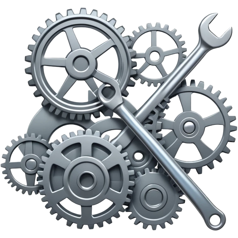 An icon featuring gears, a wrench, and mechanical blueprints, symbolizing mechanical engineering. The design includes pistons, turbines, and technical drawings, representing the design, construction, and operation of machinery. Transparent background  emoji