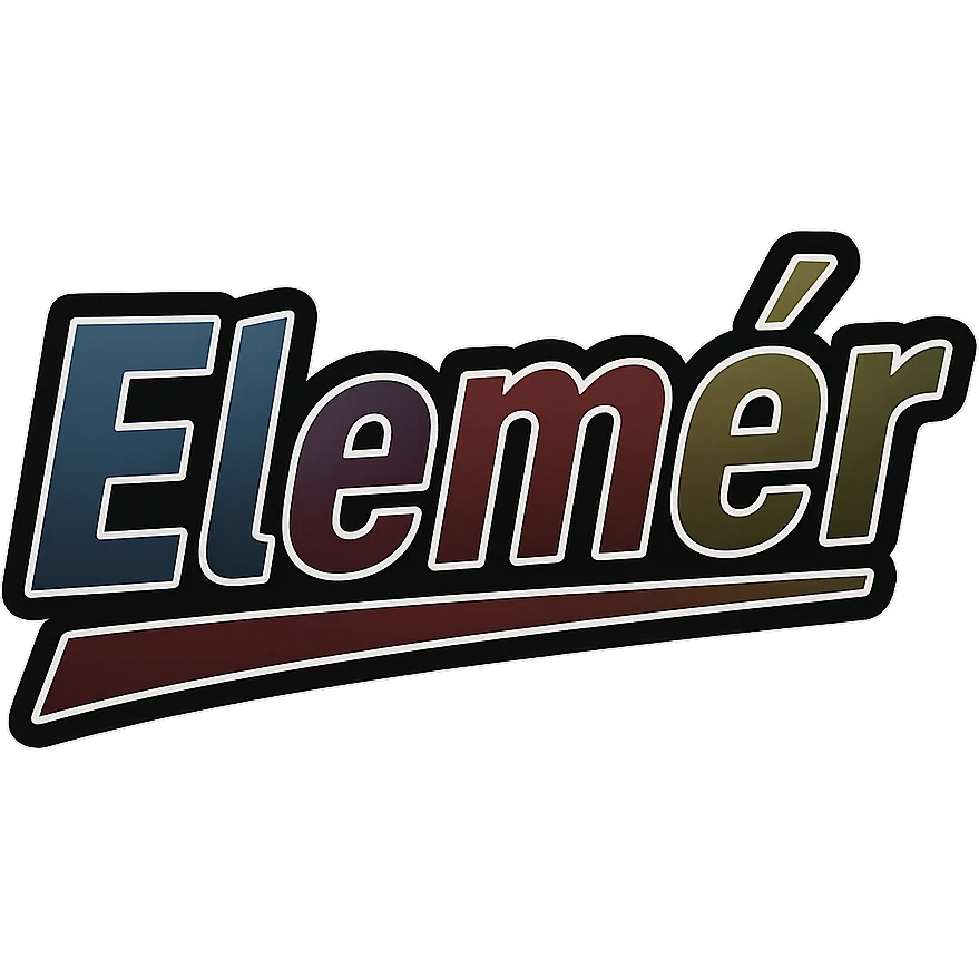Elemér name in masculine, modern gradient font with dark contour, prominent and clearly visible white outline around the letters as in the sample, dynamic slanted underline, masculine color shades (blue, gray, burgundy, green, brown), 1000x1000 px, PNG, transparent background, in the style of the uploaded Attila sample. emoji