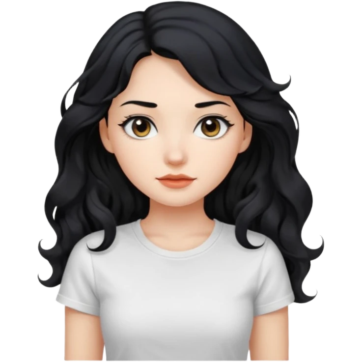 Beautiful girl,Black hair,wavy hair long hair,Black eyes, white T-shirt emoji