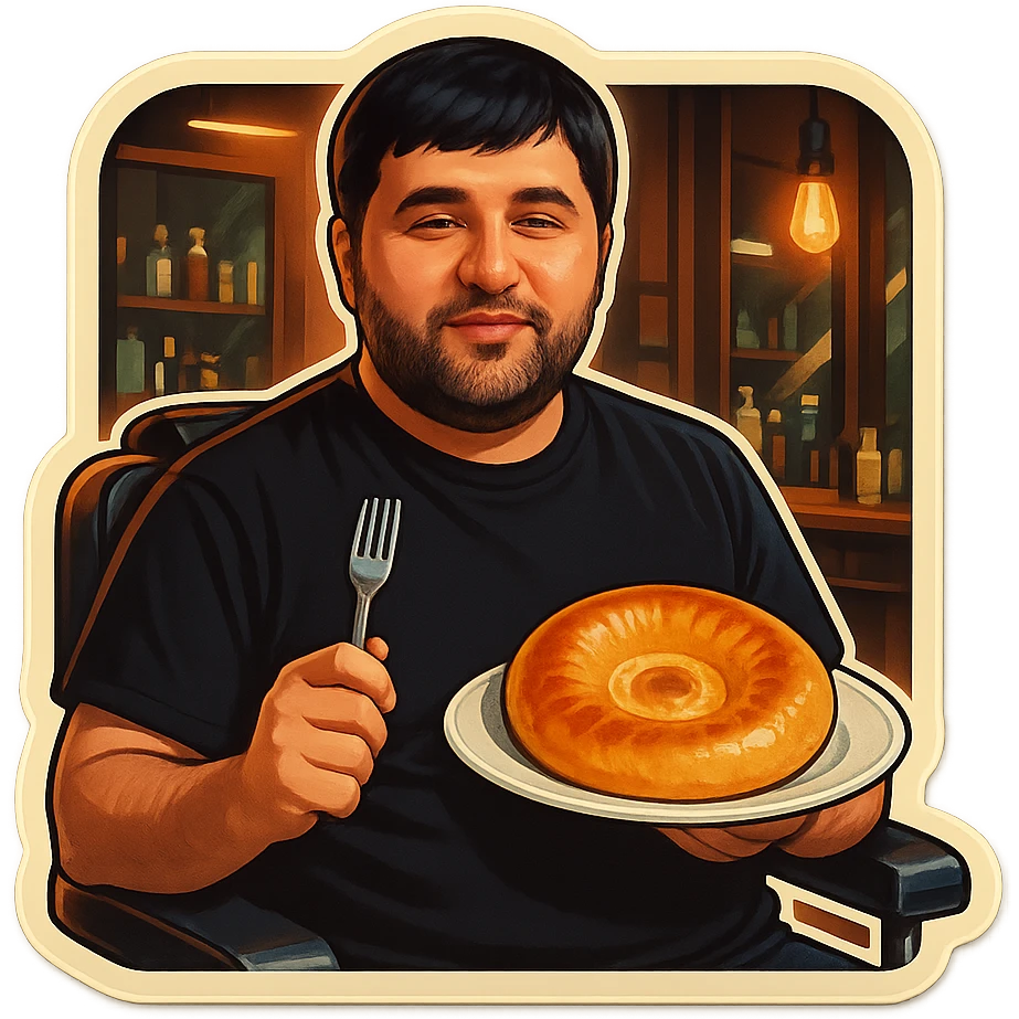 "A man wearing a black shirt is sitting calmly in a modern barbershop chair, inside a stylish barbershop with wooden and black interior. The man is holding a white plate with a traditional Uzbek round bread (non) on it, and a fork in his other hand. The atmosphere is warm and softly lit, with mirrors and hair products visible in the background. The scene feels relaxed, cozy, and humorous due to the unusual setting of eating bread in a barbershop. emoji