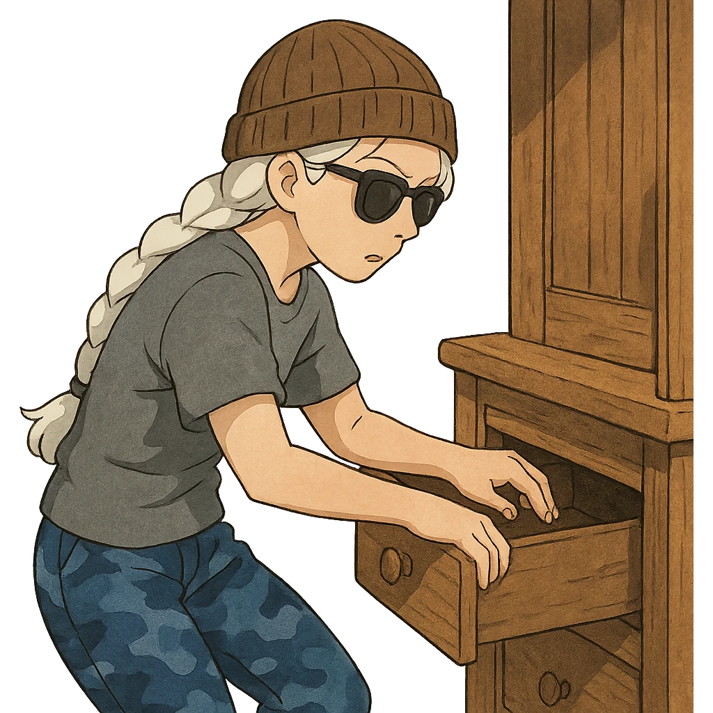 1 female, long white braid, knit cap, dark sunglasses, GRAY T-SHIRT, blue camo pants, LOOTING A CABIN, OPENING A DRAWER emoji
