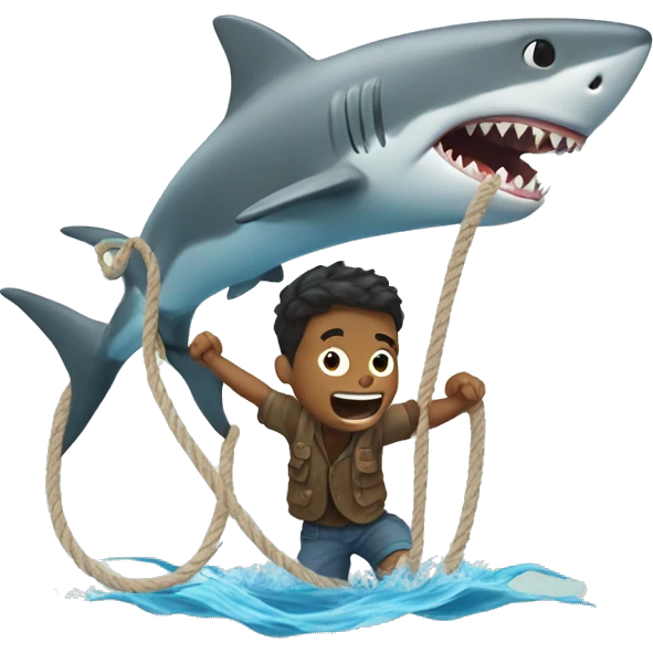 man holding a sharkwith a rope around its mouth and jumping out of water with it emoji