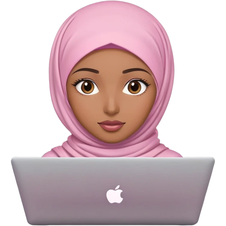 Medium brown skin woman wearing light pink hijab with natural makeup, long eyelashes and lip gloss working behind laptop emoji