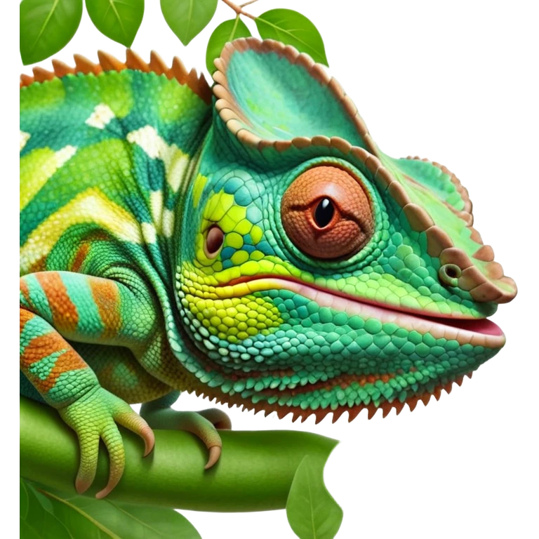 cinematic giant-tongue out chameleon-realistic emoji, mouth wide open with tongue out, -blending-with-vibrant-greenery.-detailed-scales-in-shifting-colors,-showing-the-chameleon’s-ability-to-camouflage.-soft-natural-light-highlights-its-texture.-light-background, zoomed into its face emoji