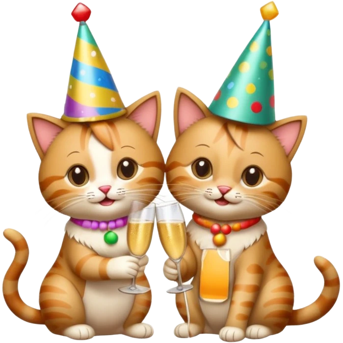 2 happy cats drinking champagne wearing party hats emoji