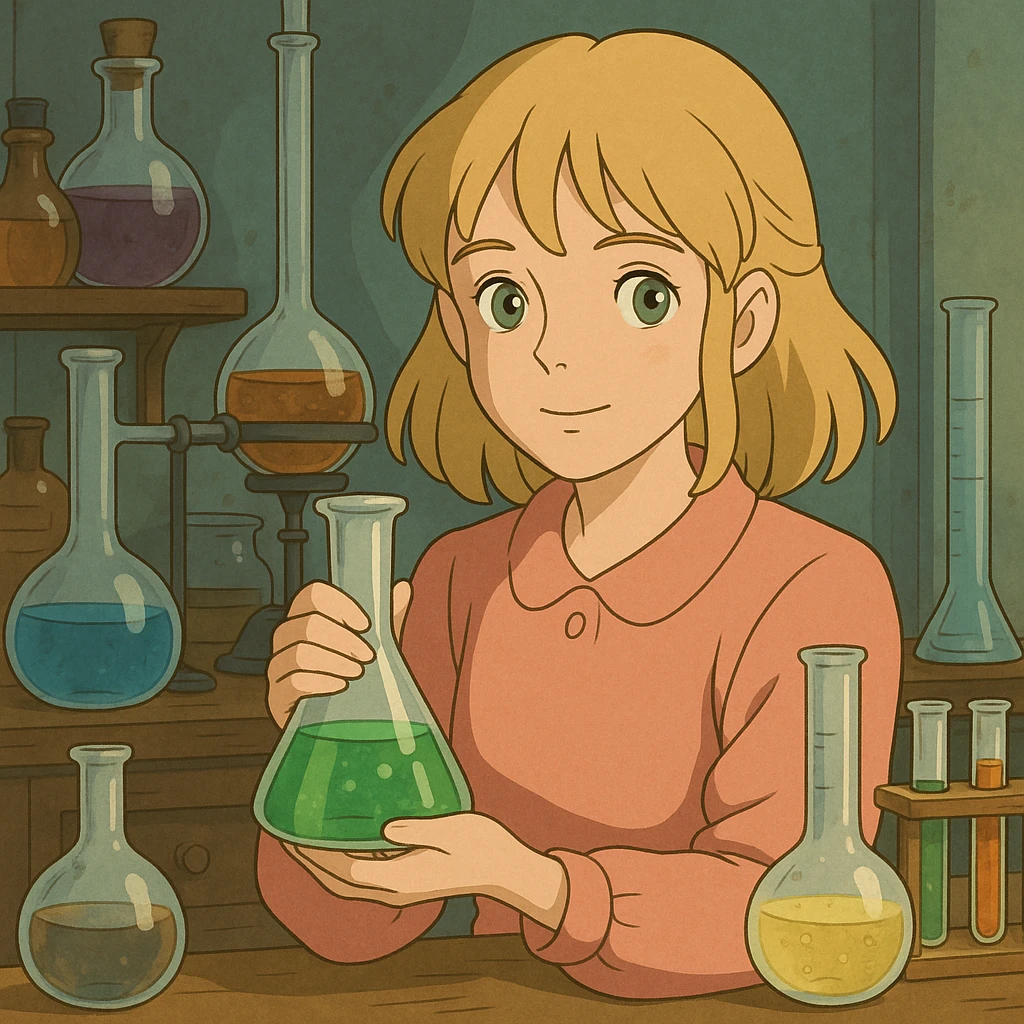 blonde girl with green-grey eyes, in pink clothes, surrounded by chemistry equipment, chemist style emoji