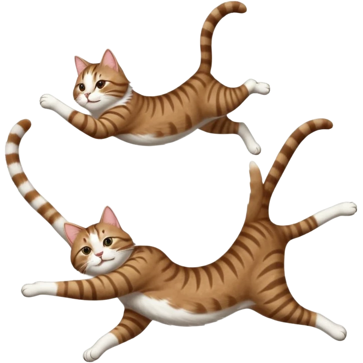 brown tabby and white cat with doing a big extremely long stretch reaching up into the air with arms and legs side by side together straight and overextended whilst lying on its side emoji