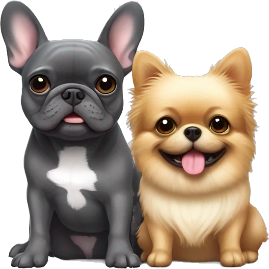 dark gray french bulldog happy alongside a pomeranian, best friends emoji