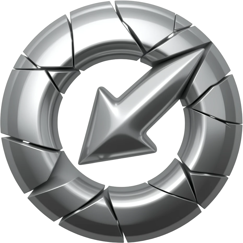 circular ring icon, broken circle shape, liquid chrome metallic material,  flowing silver reflections, sharp angular tension in the form,  arrow or target energy embedded in the shape,  monochrome black white silver, dramatic studio lighting, white background emoji