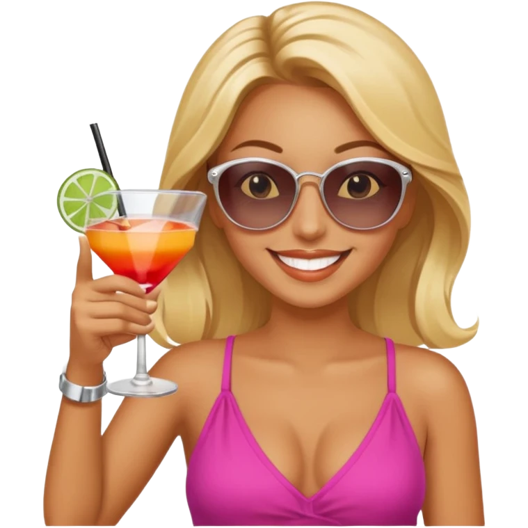 Professional sexy woman smiling holding cocktail posing in shades flashing peace sign emoji