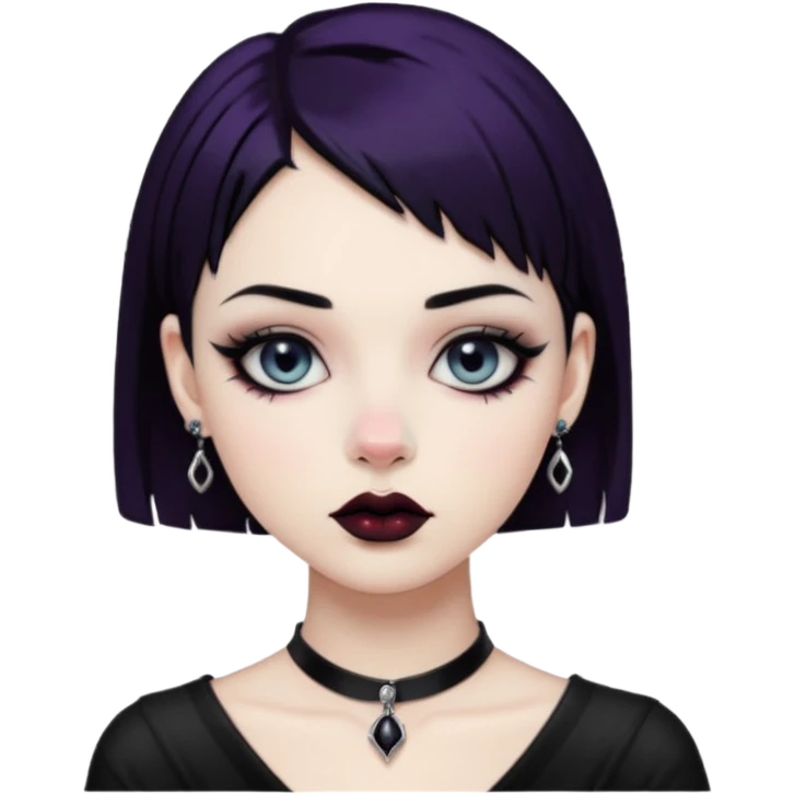 A girl with black and short hair, Gothic style lip and nose piercings and earrings emoji