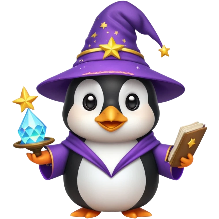 cute penguin wizard holding open spellbook, starry wizard hat, emoji style emoji