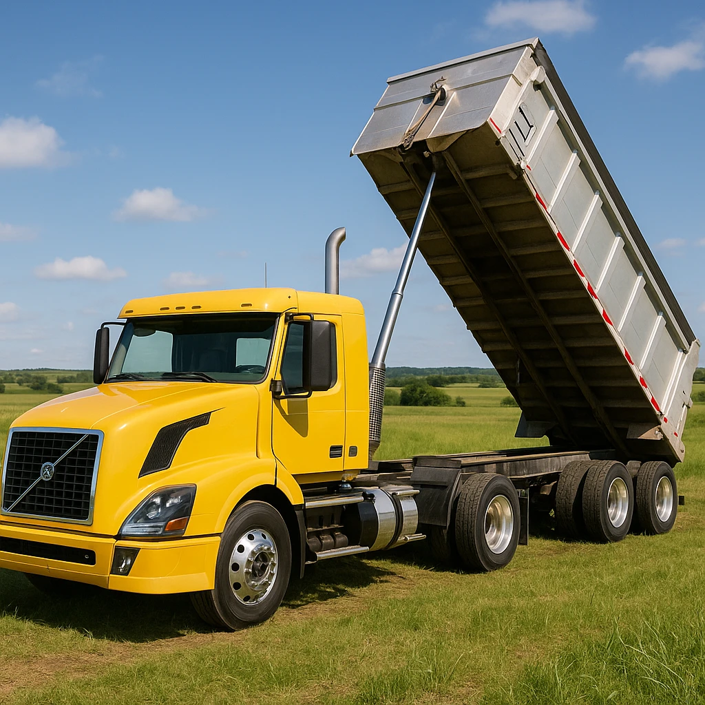 ultra-realistic Volvo yellow semi sleeper truck and silver end dump trailer, trailer tilted up as if dumping, daytime scene in a photorealistic countryside with grassy fields and blue sky emoji