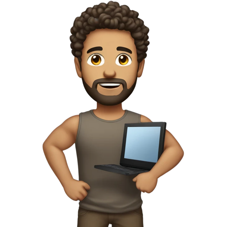 tall men carrying a computer in his hands. light brown skin men with curly dark brown hair, brown eyes, little grown beard. imposing, bit muscular build. dressed casual. emoji
