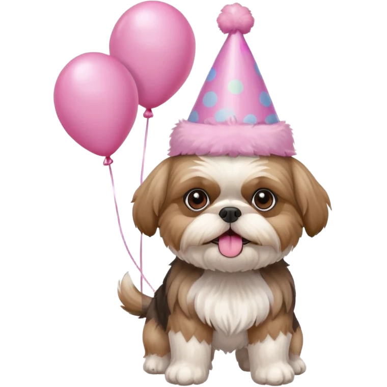 cute shih tzu hold a few pink balloons  in both arms with pink birthday hat emoji