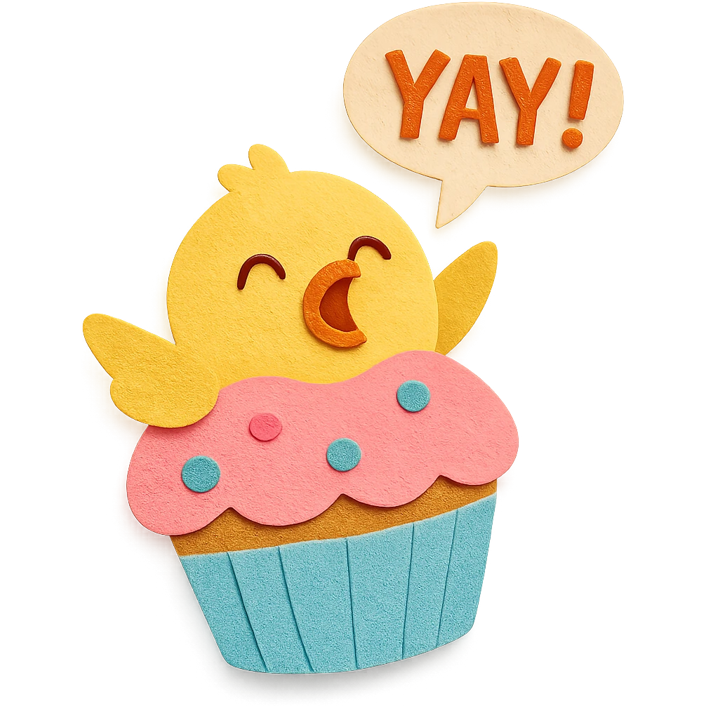 chick in cupcake costume shouting “Yay!”, paper-craft style emoji