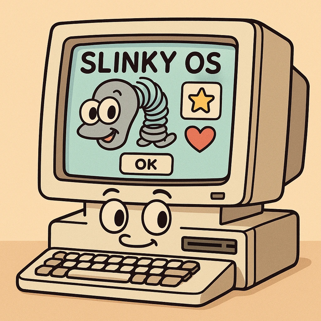 retro computer with a whimsical Slinky OS interface, cartoon style emoji