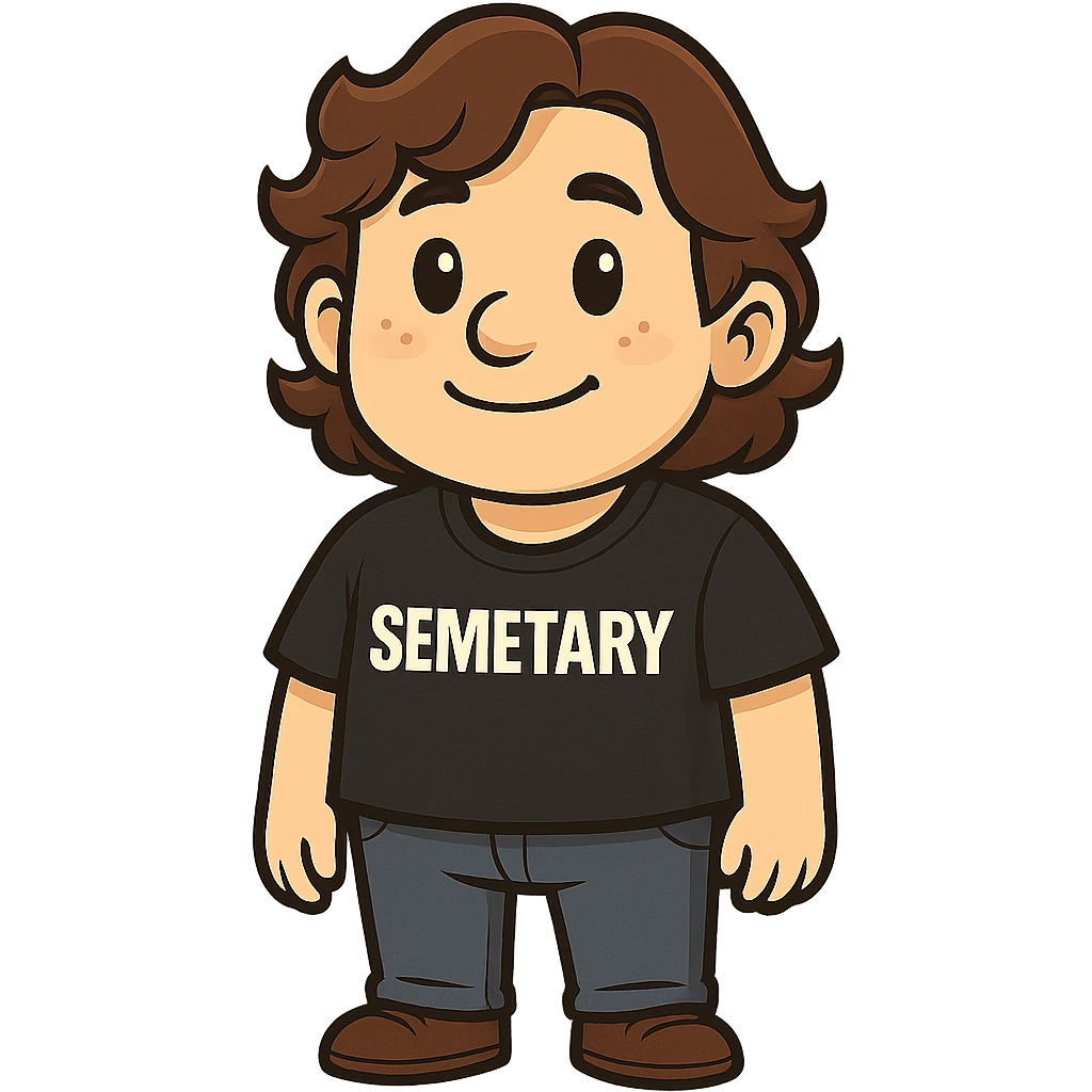 Make the chubby man look younger and have him wear Semetary merch. The original style is sticker style, which does not support editing, so use the general style editor while respecting the sticker style look. emoji