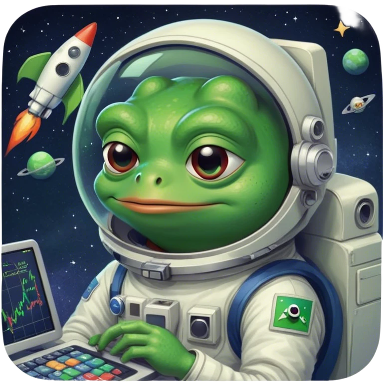 Pepe the Frog as a trader, with charts on the screen, in space with a rocket, meme art style, hilarious and bright emoji