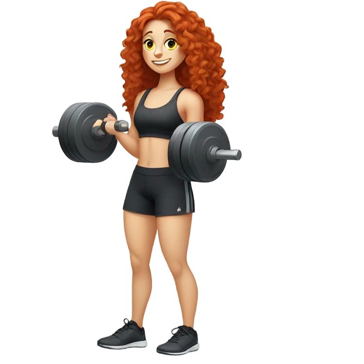 Sporty white Girl coach with long curly red hair doing exercice with weights emoji